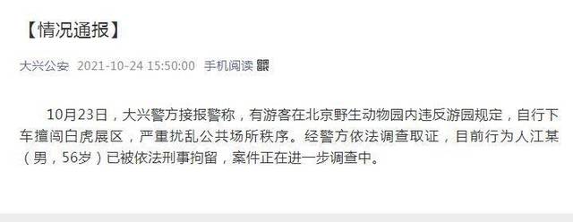 北京野生动物园一游客下车擅闯白虎展区 已被刑拘
