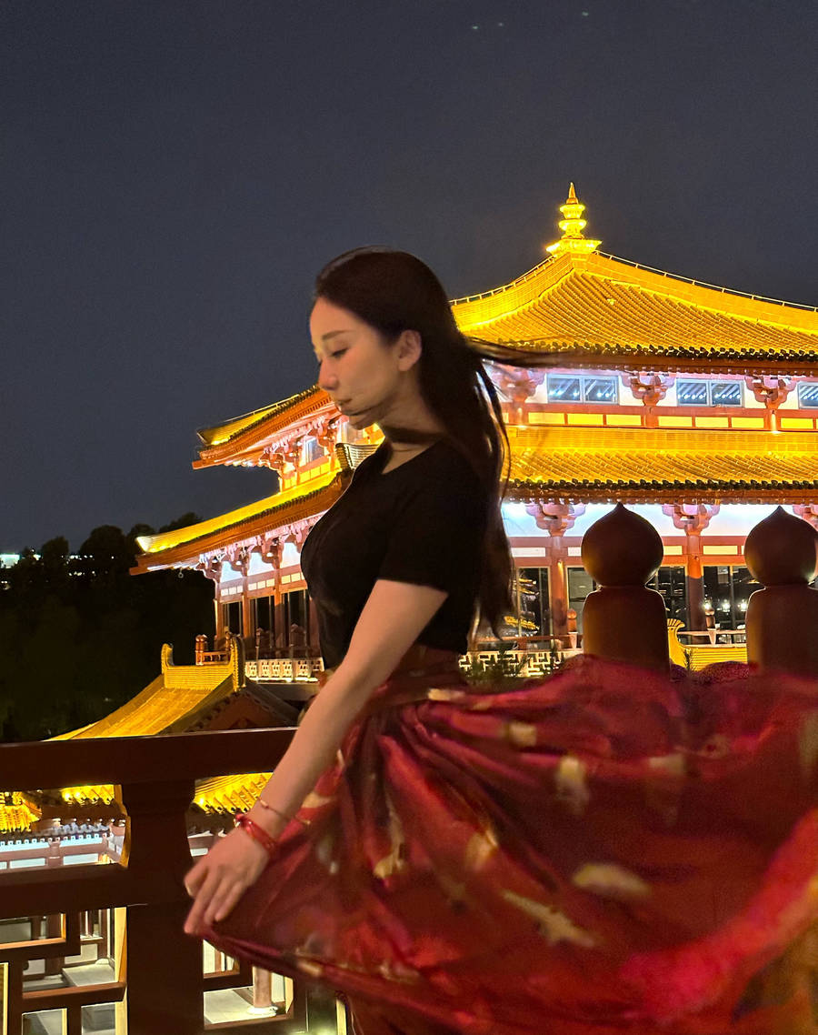 娄艺潇晒西安夜景随拍 穿马面裙秀发飘逸优雅温柔