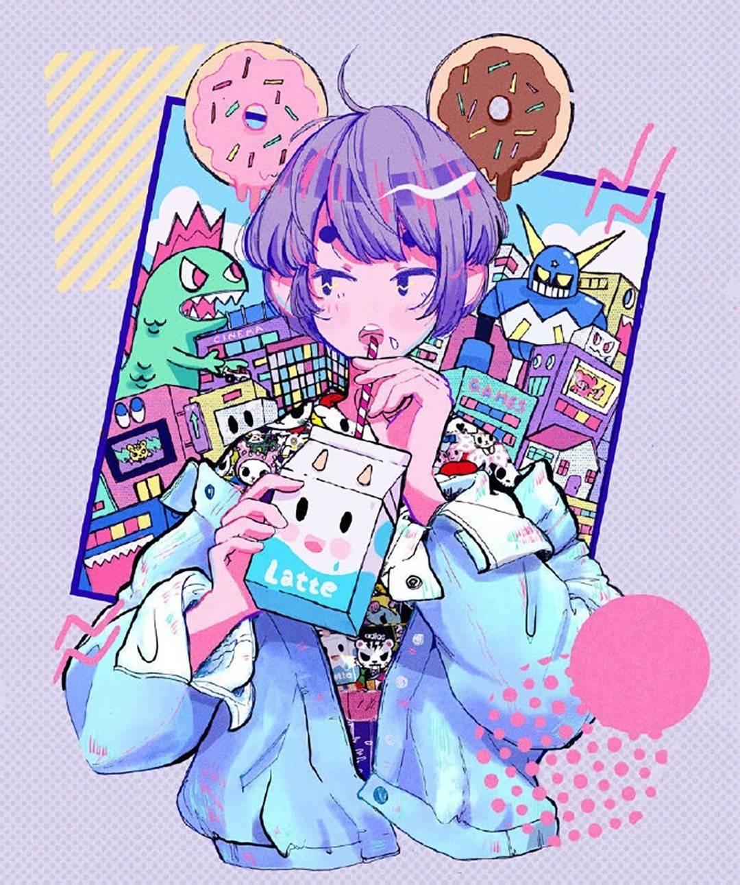 手绘少女插画,俏皮帅酷的潮玩女孩,梦幻糖果色青春味十足