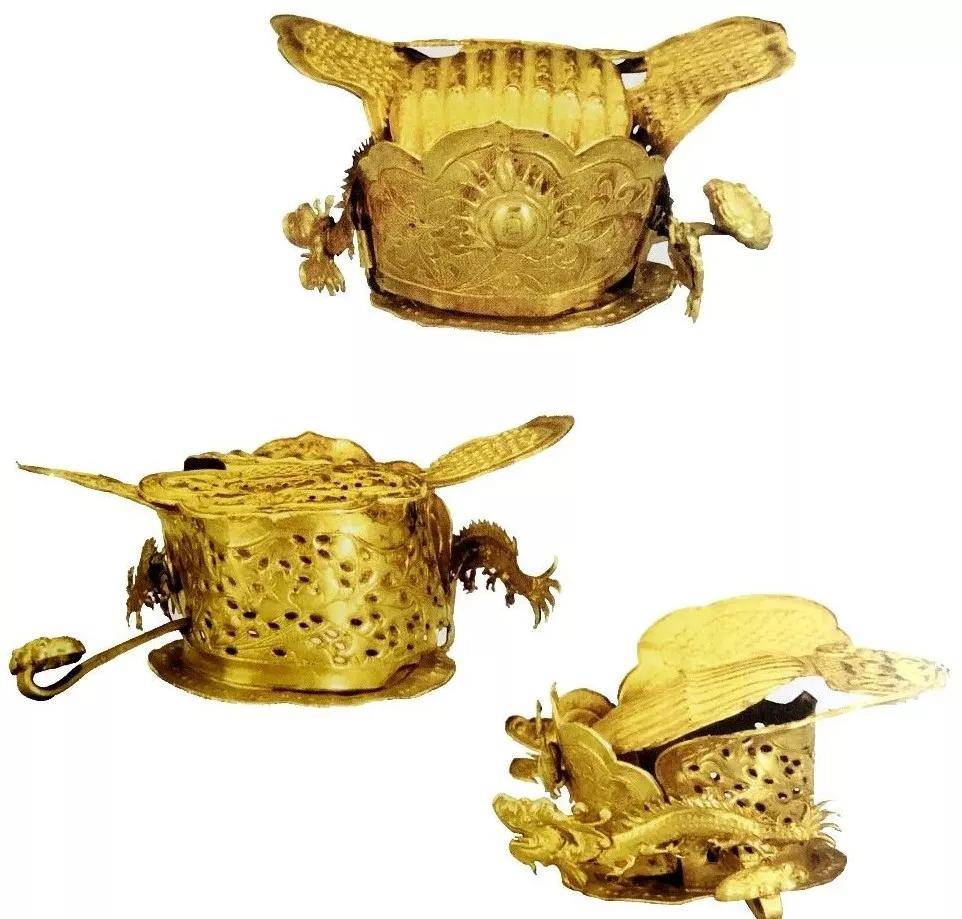二龙戏珠束发金冠(正面,背面与侧面)长沙市博物馆藏绦环与绦钩绦环和