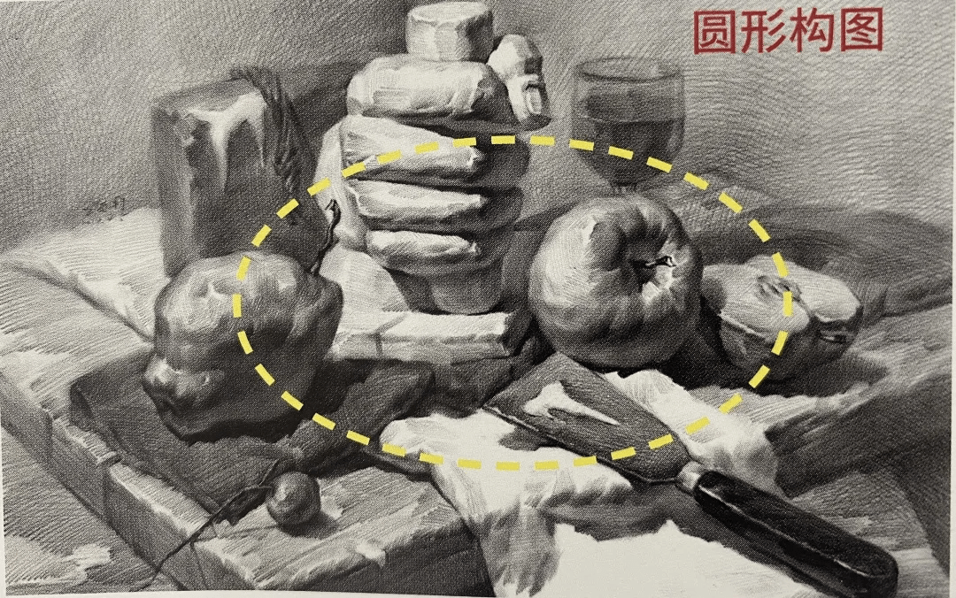 圆形构图:虽然是不常见的构图,但可使画面比较均衡,物体关系紧凑,疏密