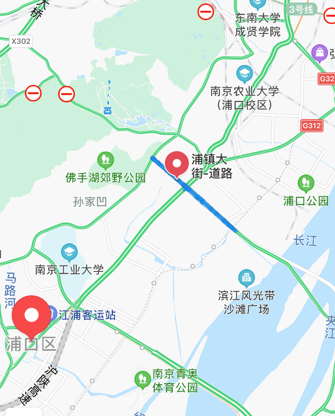 图中浦口区即原江浦县城所在地,浦镇大街一带即原铺镇所在地 ,浦口
