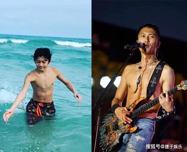 原创张柏芝儿子海边戏水，肤色黝黑腹肌初现，颜值身材像谢霆锋