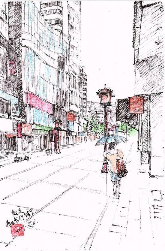 马克 ·吐温 (市区街景) 利用钢笔,寥寥无几便描绘出风景与建筑