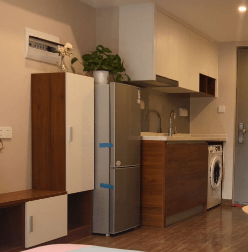 位于楼下的公寓都配有立式冰箱,如需使用,可自行插电使用.