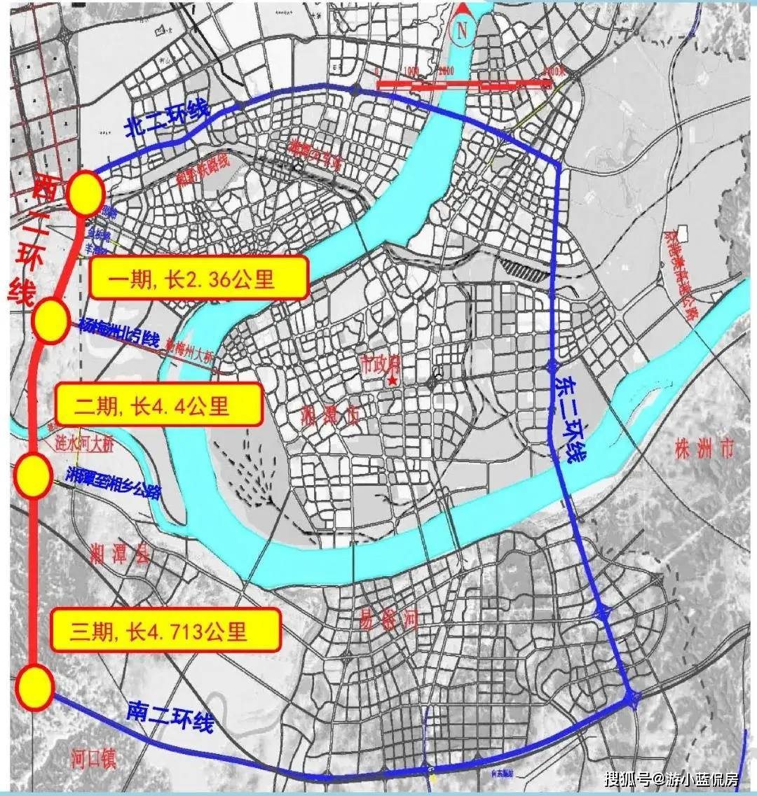 439公里,规划红线宽60m,设计速度80km/h,为城市快速路; 西二环线道路