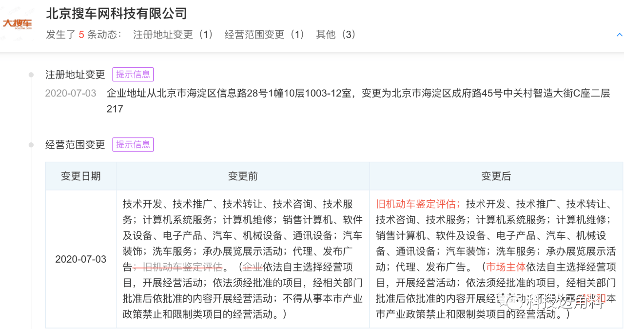 大搜车经营范围新增旧机动车鉴定评估