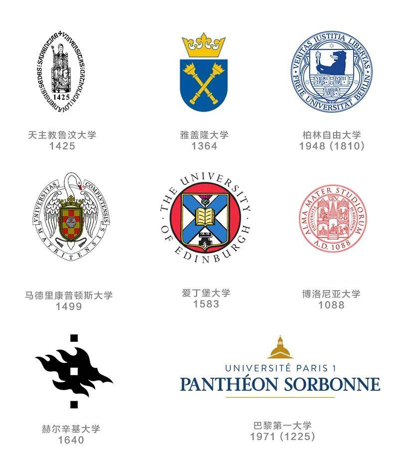 大学的校徽形象往往以徽章和徽记为识别,历史感十足,色彩淡雅,古朴
