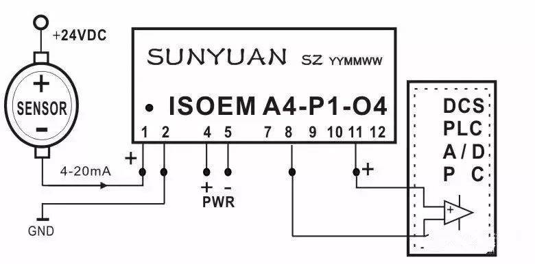 四线制传感器信号i/v转换后与plc连接典型应用图
