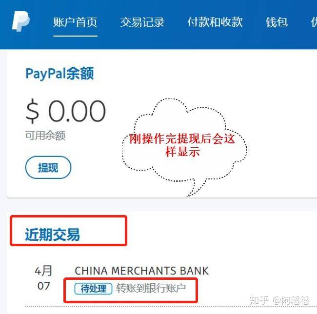 "待处理转账到银行账户"等到paypal审核结束以后等银行那边入账时候