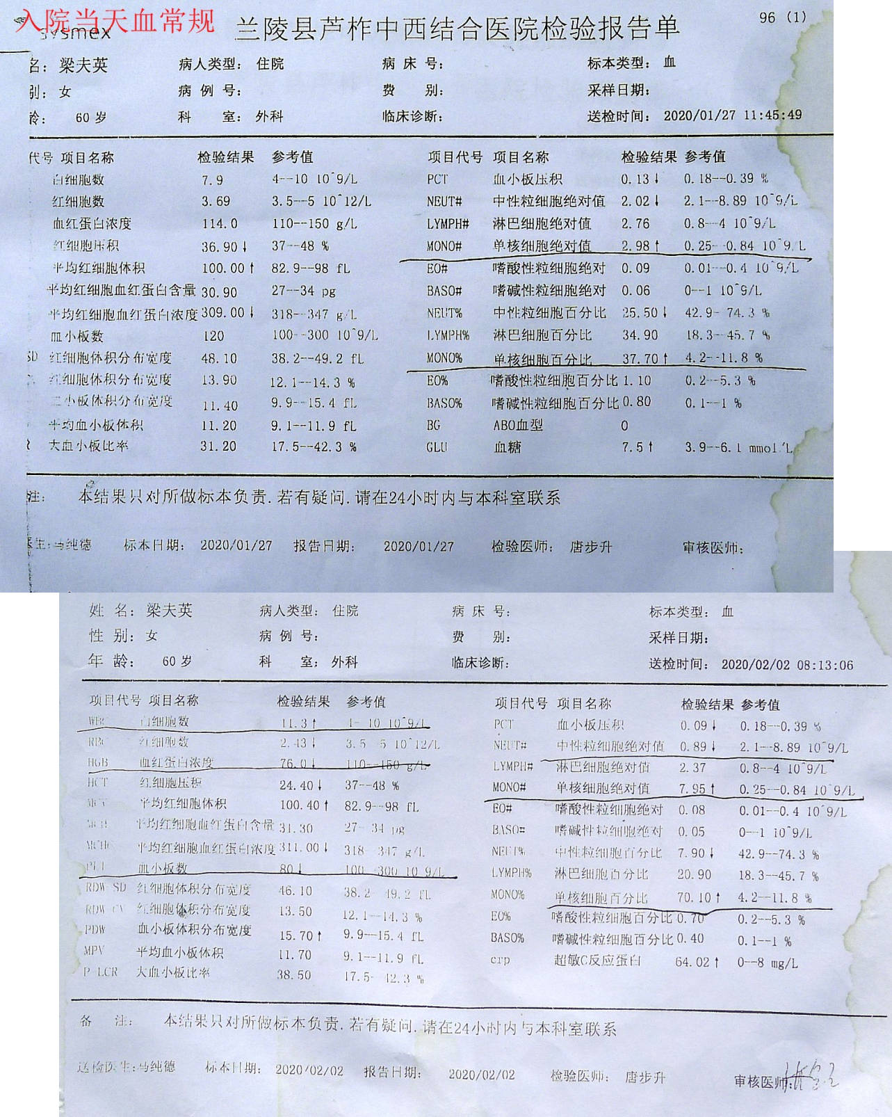 住院期间两次血液检验报告对比