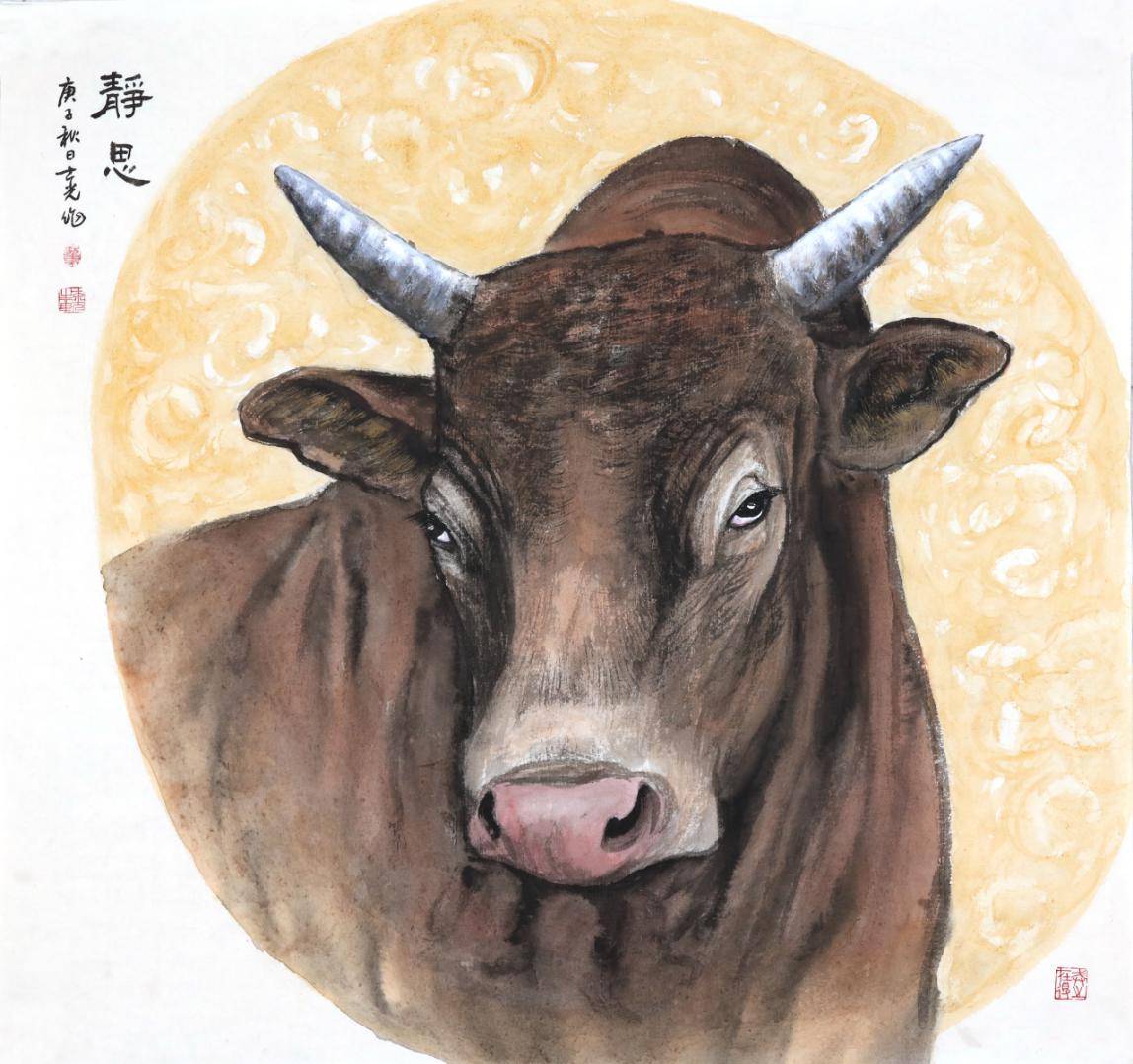 董士光的牛以兼工带写的形式,展现全世界各种牛的形态,并以拟人的形态