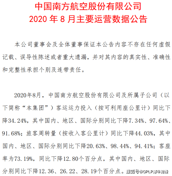 货邮|南方航空困难依旧 8月运营数据下跌 上半年已亏82亿元