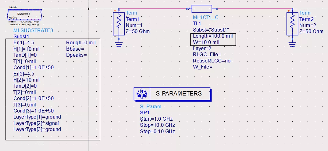 是使用ads的multilayer模型简单搭建的一个带状线结构s参数仿真原理图