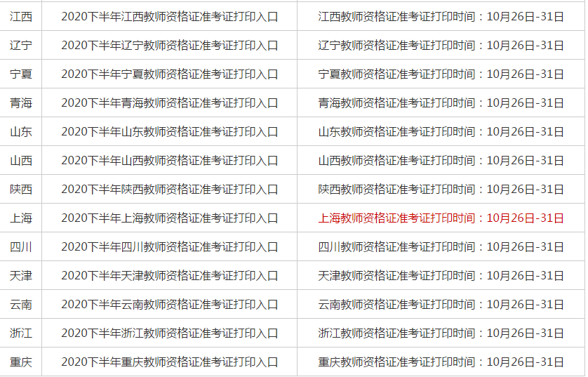 2020下半年全国中小学教师资格证准考证打印入口-时间