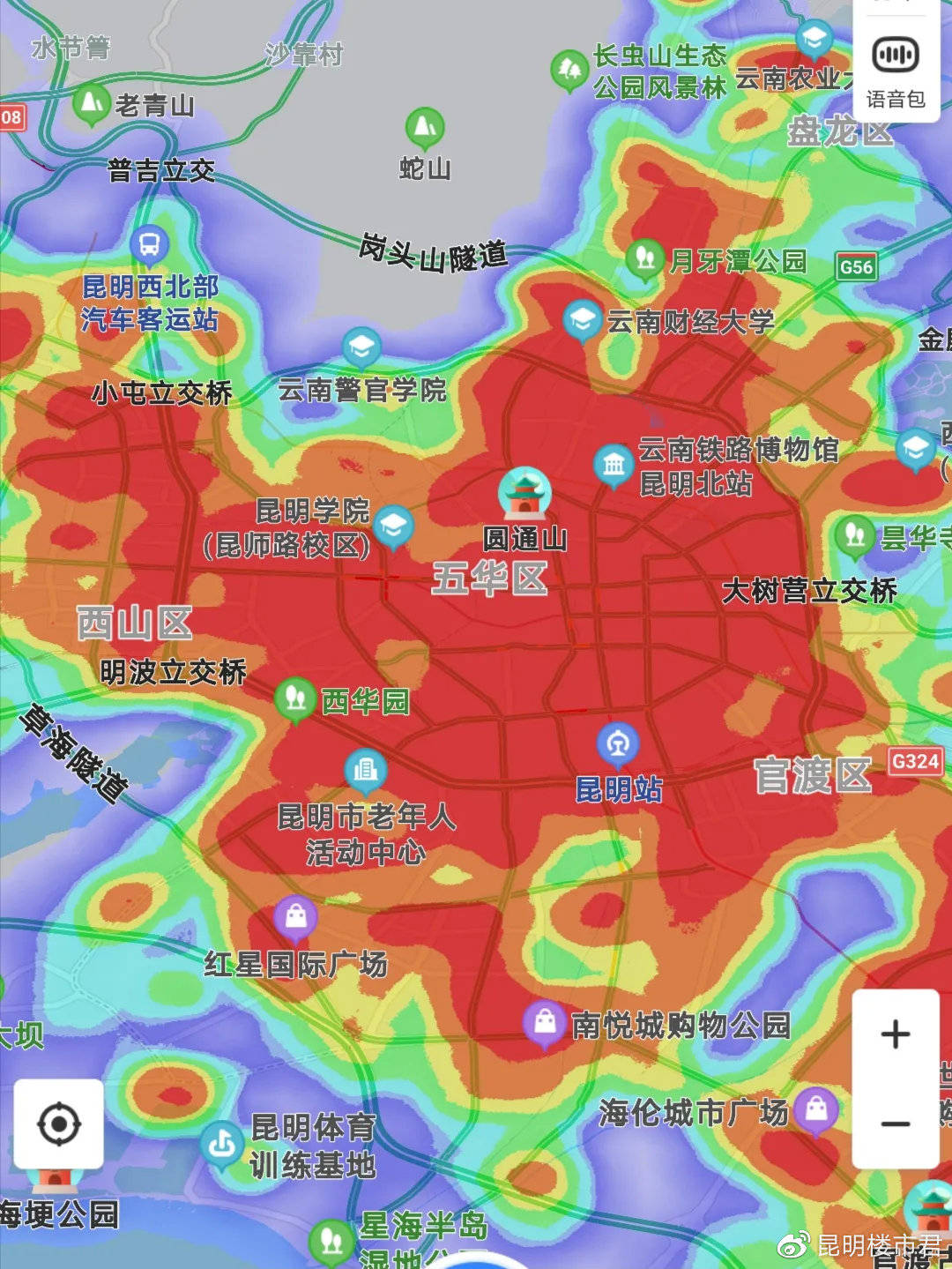 图片昆明热力图(越红表示人口越多)