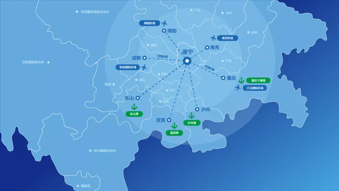 重庆128公里,90分钟交通圈可达37座城市,同时遂宁是四川省次级交通