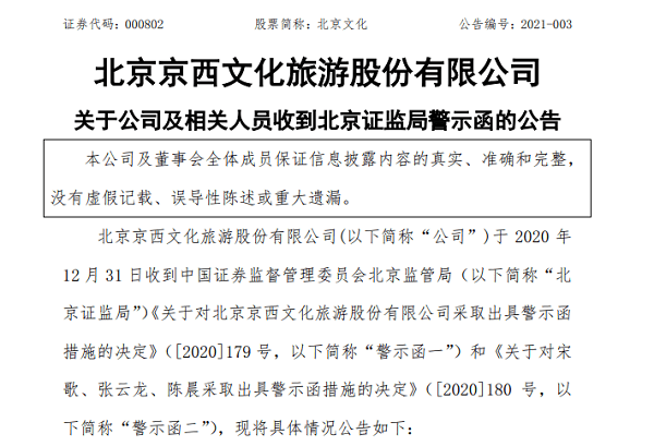 北京文化涉嫌信披违规被立案调查 股价开盘即跌