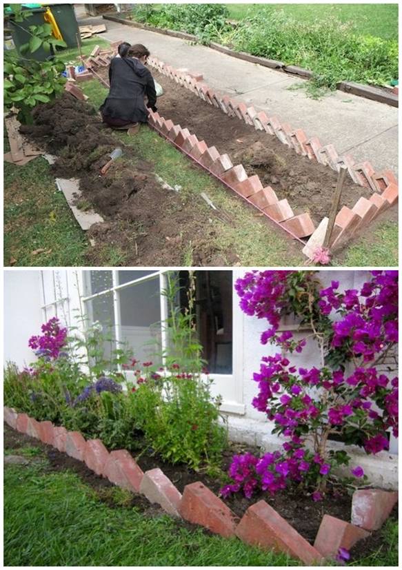 装修剩下一堆红砖砌成旋转型花坛感觉在院里铺出了一条小花路