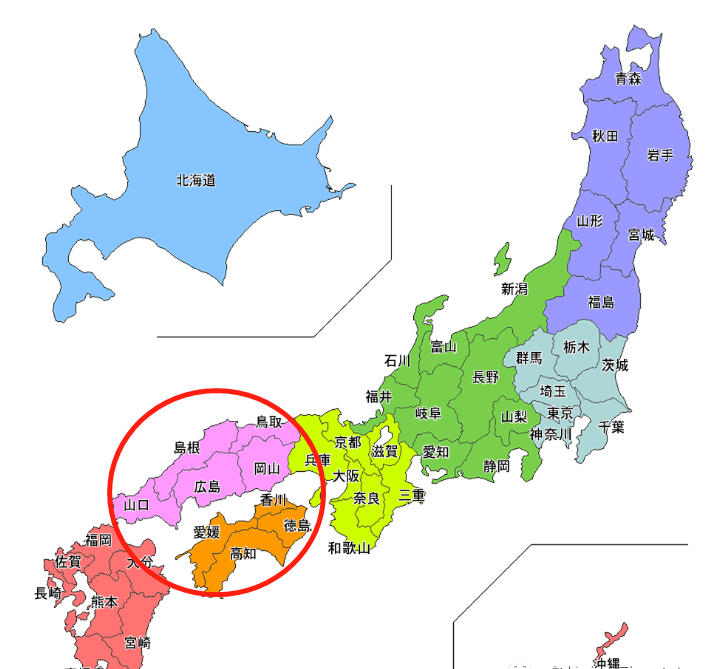 *日本地图(红圈内为中国四国地区)