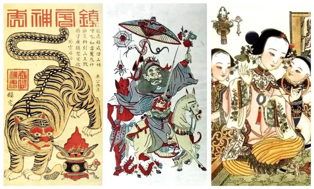 由左至右:山东潍坊杨家埠年画,江苏苏州桃花坞年画,天津杨柳青年画