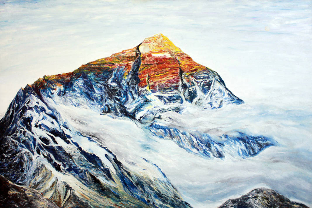 如以珠穆朗玛峰为主题的油画《顶峰系列》,是张一谦基于对人类文明的