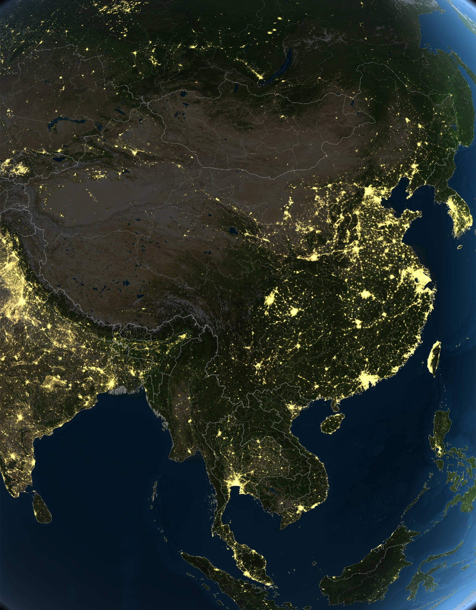 中国太空夜景图 中国城市太空卫星夜景图 中国城市太空灯光图 中国