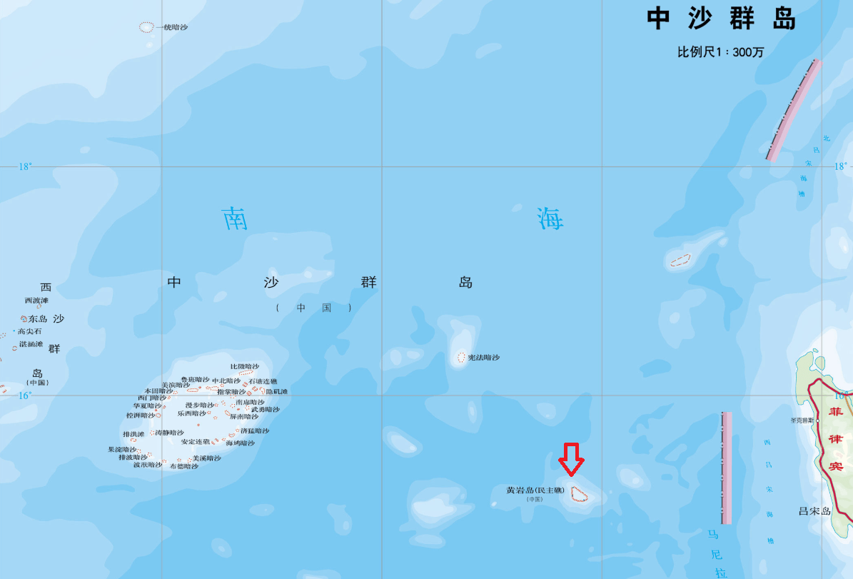 南海的中部海域,由中沙大环礁和黄岩岛及一统暗沙,宪法暗沙,神狐暗沙