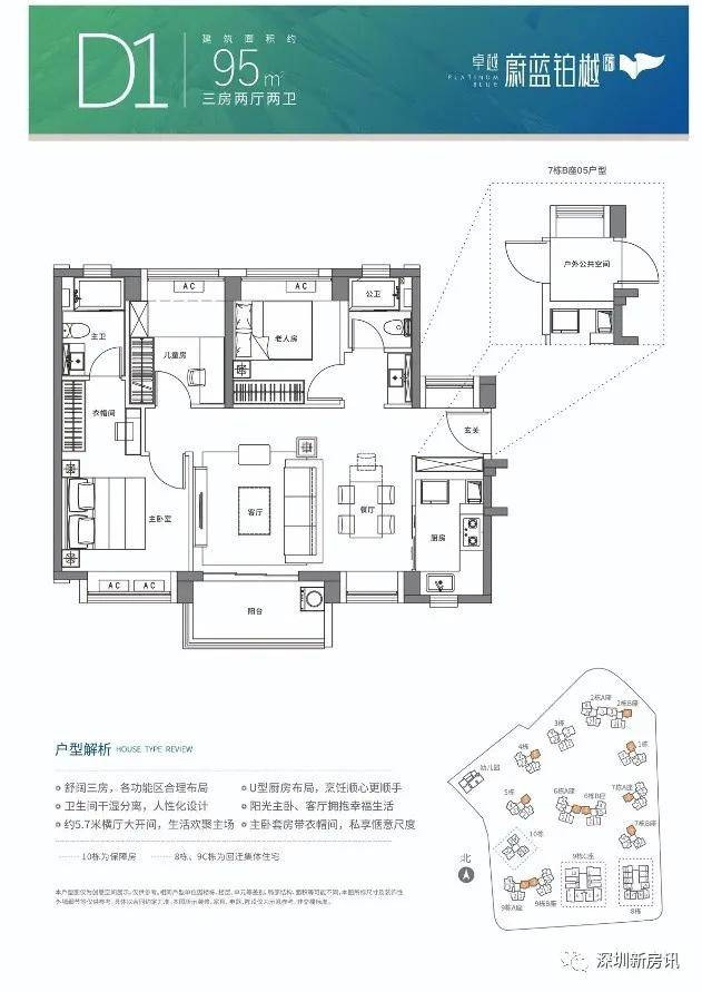 建面约85 三房两厅一卫卓越蔚蓝铂樾府户型图赏析售楼部电话:400