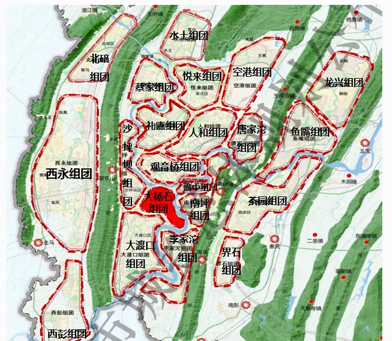 根据重庆国土空间规划(2019-2035年)建议,将构建"四山两江三谷九组团