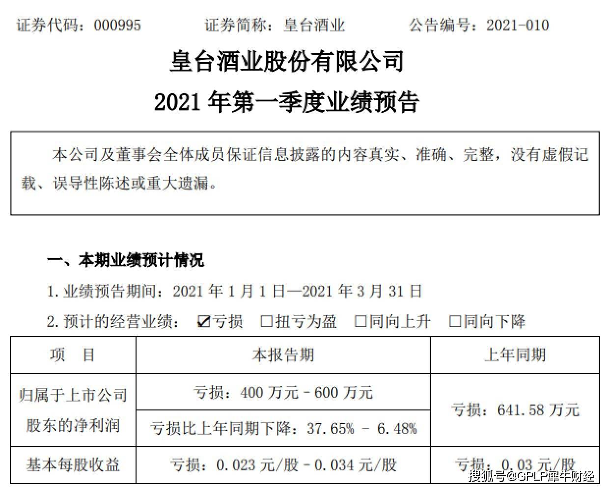 图源:皇台酒业2021年第一季度业绩预告 在业绩下滑的同时,皇台酒业的