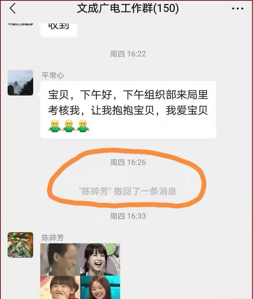 文成广电台长女子互称宝贝"秀恩爱",误将私聊发工作群