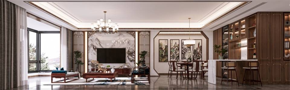 联泰天禧220㎡大平层新中式--客厅电视背景墙
