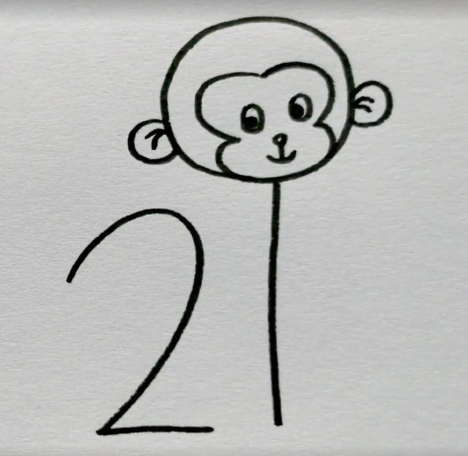 第五步,从小猴子左边耳朵下方那里落笔,画一条弧线