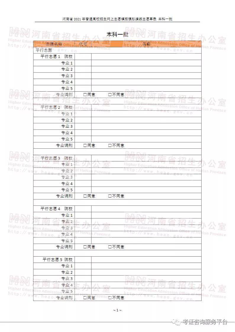 河南省2021年高考网上志愿填报模拟演练志愿草表