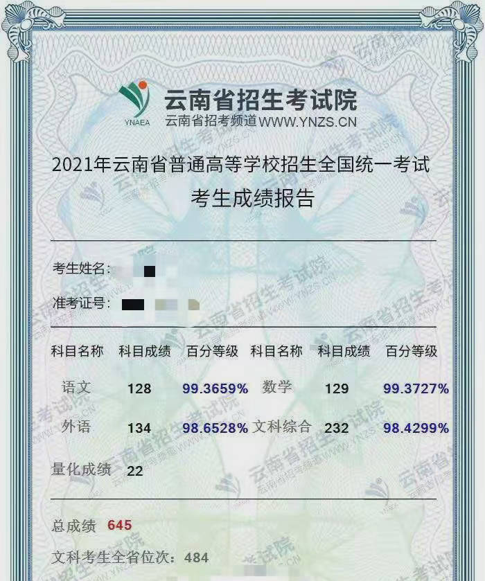 云南高考分数线公布,一名学生考了645分,比文科一本线多80分_成绩