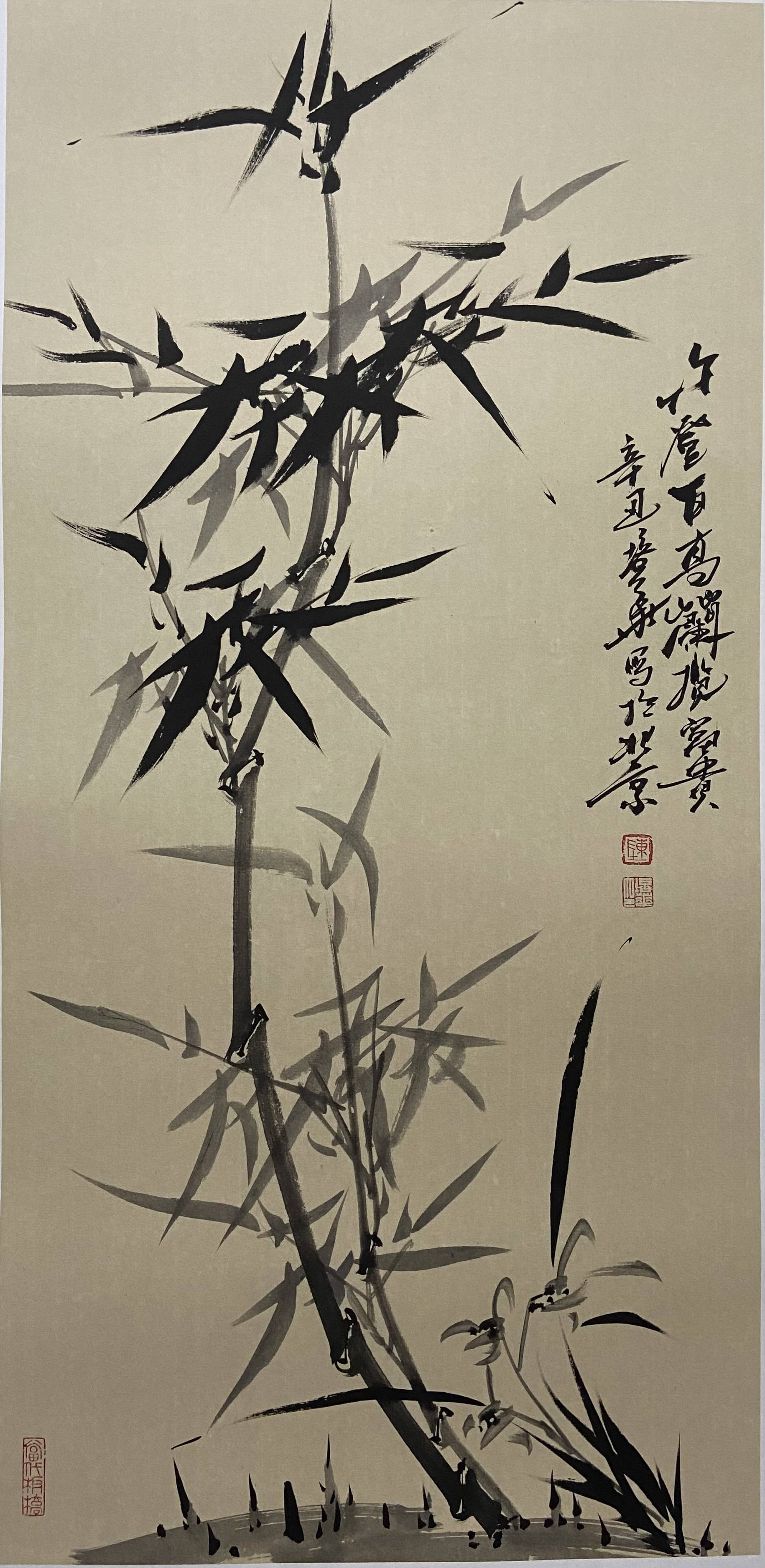 陈培华作品100x50cm朱墨竹陈培华2008年首画研究理论创始朱墨竹,文人