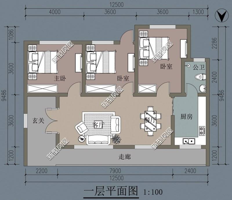 9m 建筑情况:共设3室 2厅 1卫 1厨 1玄关 1走廊 这10套图纸都设计的