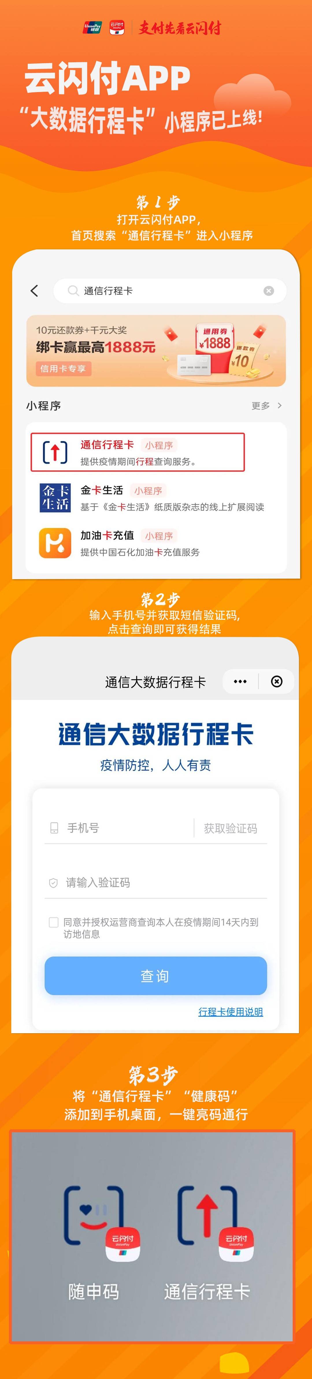 助力防疫期间健康出行 云闪付app上线"通信大数据行程卡"
