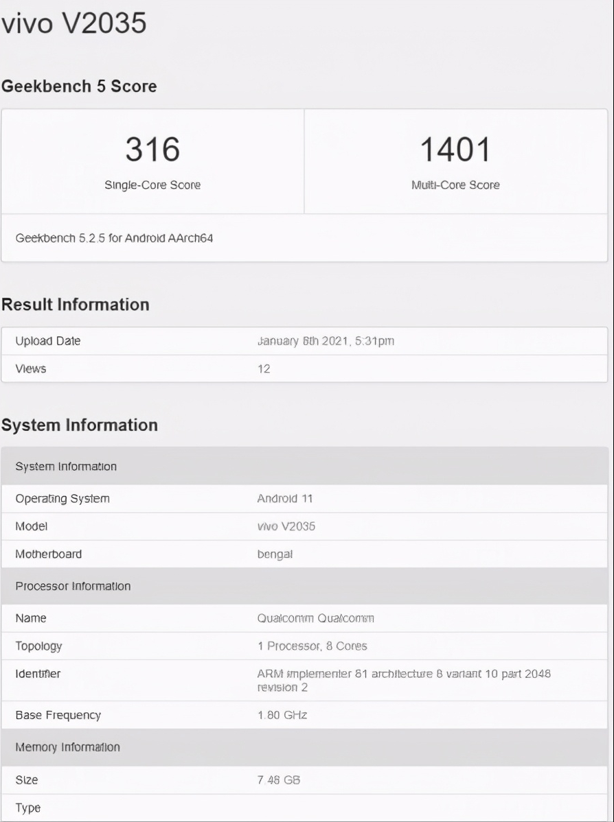 vivoy31s跑分,vivo y31S跑分 vivo一款新机运存和系统信息曝光,现身跑分网