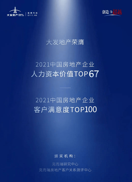 大发地产荣膺中国房地产企业人力资本价值top67,客户满意度百强