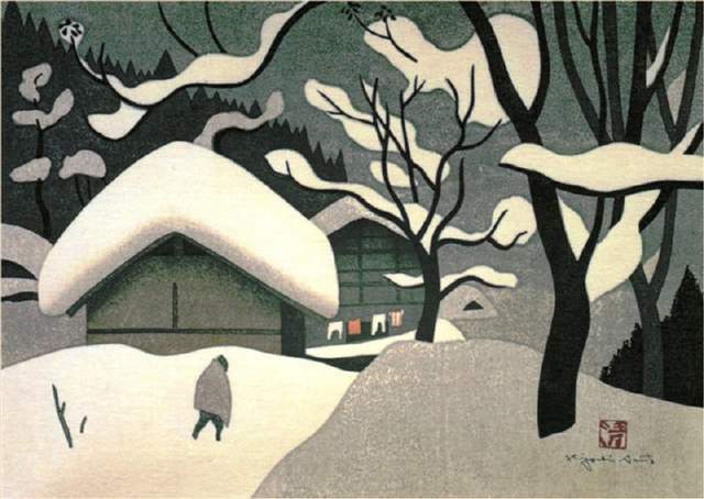 日本近代版画大师斋藤清冬日雪景系列版画作品