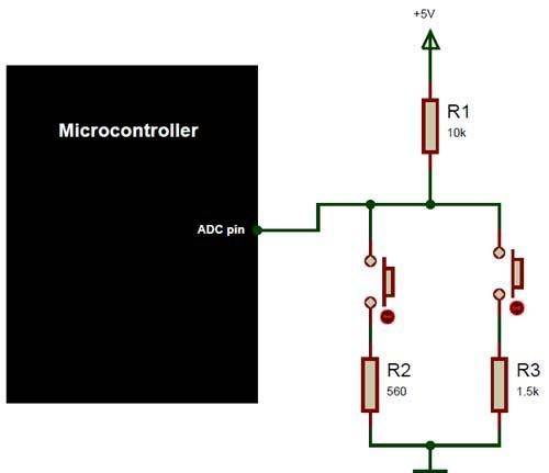 因此,我们运用arduino的模拟引脚,并构成具有不同电阻值的分压器,以