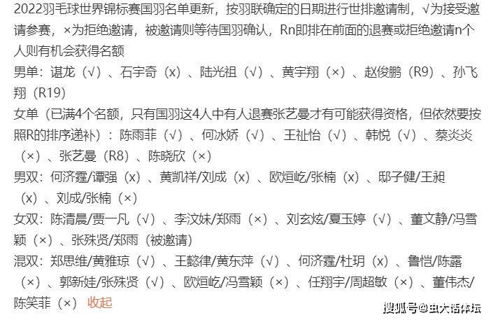 原创2022羽毛球世锦赛国羽名单更新郑雨张姝贤被邀请谌龙在列