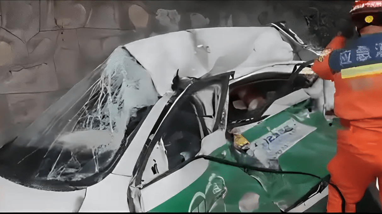 四川宜宾，出租车超车与重型货车相撞致4死1伤，车辆扭曲严重变形
