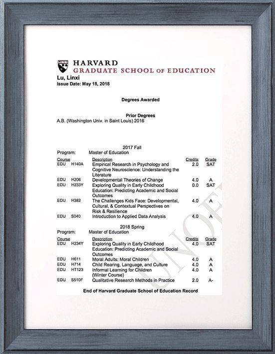 图9 鲁林希在哈佛大学毕业时的全a成绩单不过，在大学期间的一件事情，让