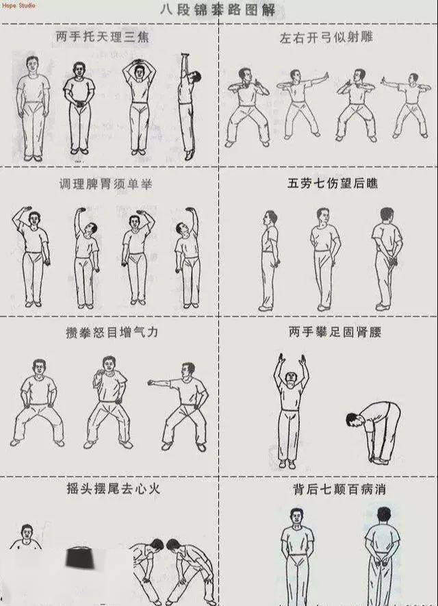 健身气功八段锦,是古人很流行的调理身体的气功,中国近代著名书法家