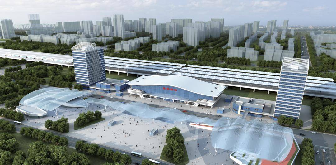 张家港站南通西站整体造型以"鸥翔江海,腾飞天地"为主题,室内以蓝印