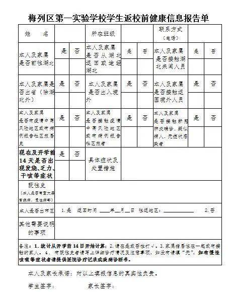 列区第一实验学校学生返校前健康信息报告单》,并确保所填信息准确无误。