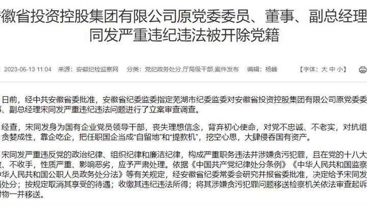 安徽300亿国企副总宋同发被开除党籍,你怎么看?